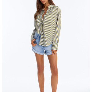 Custom Logo Plus Size Women's Striped Turn-down Collar <b>Long</b> Sleeve Shirt Casual Summer <b>Top</b> Regular Fit Poplin Fabric Women Shirt - Product Image 4