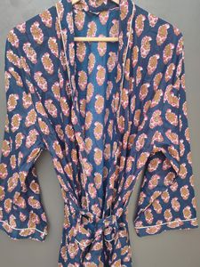 <b>Navy</b> Blue Floral Cotton Kimono Robe with Belt | Women’s Lounge Robe | Handmade Bathrobe - Product Image 2