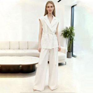 Completo Estivo da <span class=keywords><strong>Donna</strong></span> Due Pezzi 2025: Blazer con Maniche a Cappuccio e Scollo a V, Gilet e <span class=keywords><strong>Pantaloni</strong></span> a Gamba Larga - Product Image 4