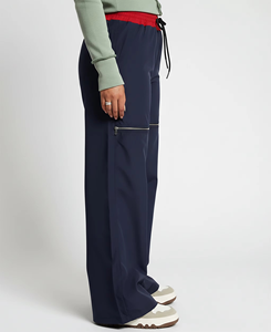 Pantalon large bleu marine pour femme, taille haute, cordon de serrage, coupe décontractée, longueur complète, avec poches et logo sur la jambe droite - Product Image 3