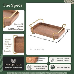 Handmade <b>Rustic</b> Wooden Decorative Serving Tray Gold Metal Handle Rectangular Walnut Tray for Living Room <b>Coffee</b> <b>Table</b> Decor - Product Image 6