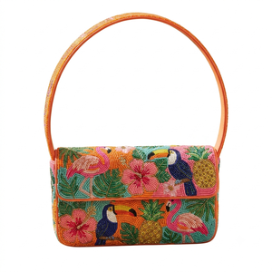 Bolso de Hombro Artesanal con Cuentas de Tucán Tropical para Mujer, Cartera de Noche con Solapa Floral de Flamenco, Novedoso Bolso de Axila - Product Image 1
