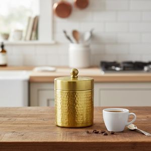 Recipiente de Cocina de Metal Martillado con Acabado Dorado y Tapa |   Tarro Decorativo para Almacenar Té, Café, Azúcar, Especias y Alimentos Secos - Product Image 2