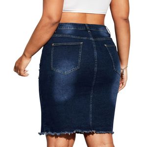Women Plus Size <b>High</b> Waist Pearl Beaded Denim Skirt Dark Blue Floral Beading <b>Knee</b> Length Raw Hem Casual Stretch Jean Skirt Skirt - Product Image 3