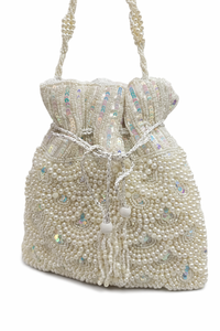 Hand Embroidered Gold Beaded Half Moon Potli Bag with Zari Work Crystal Accents & Drawstring Tassels for Bridal Wear Fashion - Product Image 5