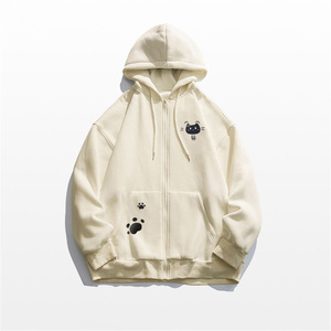 Sudadera con Capucha Unisex Blanca de Algodón con Estampado de Gato y Diseño de Huellas, Sudadera Casual Extra Grande con Cierre, Ropa de Otoño - Product Image 1