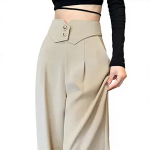 Pantalones anchos de mujer con cintura en V y doble botón, a menudo publicados como pantalones coreanos drapeados o pantalones palazzo de corte ajustado. - Product Image 4