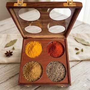 Wood Spice <b>Box</b> Organizer 4 Compartments Handmade Rustic Kitchen <b>Herb</b> Storage Container Durable Natural Wood Masala Spice Tools - Product Image 1