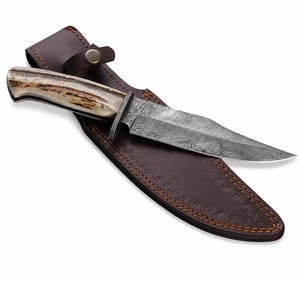 Handmade Damascus Steel Bowie <b>Knife</b> Horn <b>Handle</b> With Leather Sheath Outdoor Camping <b>Knife</b> - Product Image 3