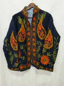 Floral Embroidered Mandarin Collar Wool Jacket Full Sleeve <b>Winter</b> Women's <b>Coat</b> Handmade <b>Thick</b> Open Stitch Design - Product Image 1