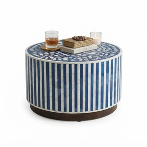 Mesa Auxiliar Azul Marino con Incrustaciones de Chevron, Taburete de Tambor de Resina Geométrica de Lujo, Mesa de Centro Moderna para Sala de Estar/Hogar - Product Image 5