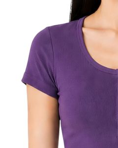 เสื้อครอปแขนสั้นทรงเข้ารูปสีม่วงสำหรับผู้หญิง ผ้าคอตตอนผสมสแปนเด็กซ์ ยืดได้ สวมใส่สบาย เหมาะสำหรับฤดูร้อน มีกระดุม ดีไซน์ทันสมัย - Product Image 3