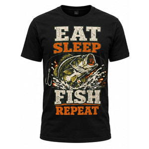 เสื้อยืดผ้าฝ้ายสีดำพิมพ์ลายด้านหน้าสำหรับผู้ชาย Eat Sleep Fish Repeat - Product Image 2