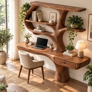 Escritorio de Madera Natural Sólida Hecho a Mano, Estilo Contemporáneo, Montado en la Pared, con Estantes en Forma de Árbol y Cajón para Oficina en Casa - Product Image 2