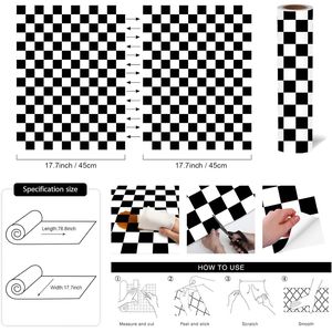 Carta da Parati Moderna Autoadesiva a Reticolo 45x200 cm, Mosaico Bianco e Nero a Quadretti, Carta Adesiva Rimovibile per Decorazione Murale - Product Image 2