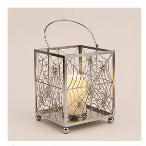 Metal Halloween <b>Lantern</b> with Intricate Spider Web Punch Detail Spooky Silver Candle Holder for Gothic Home Decor and Party Use - Product Image 1