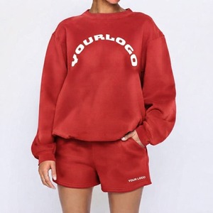 <b>Women</b> 2 Piece <b>Red</b> Fleece Sweatshirt Set Crew Neck Long Sleeve Loose Fit Casual <b>Shorts</b> Letter Print All Seasons - Product Image 1
