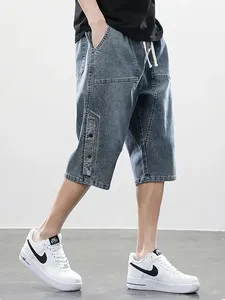 Summer <b>Men's</b> Vintage Knitted <b>Jeans</b> Denim Breeches Calf-Length Casual Shorts Acid Wash Pattern Quick Dry Cotton <b>Drawstring</b> - Product Image 1