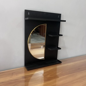 Modern Minimalist Wall Mount Mirror with Shelves Black Metal Frame & Gold Trim Multifunctional Design for Living Room - Product Image 5