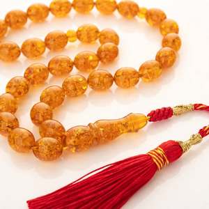 Perles de prière islamiques en pierre ronde couleur ambre avec pompon rouge JAMEEL SONS INTERNATIONAL JSI-230 - Product Image 3