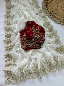 Sari de satén Fandy de diseñador con bordado C Pallu, adorno de lentejuelas y borde con trabajo de corte, y blusa de satén Fandy completamente cosida. - Product Image 4