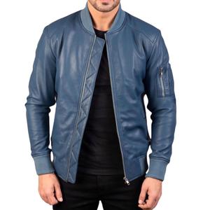 Blue <b>Leather</b> Bomber <b>Jacket</b> For step up your style game this season with our Blue <b>Leather</b> Bomber <b>Jacket</b> for Men MADE BY HAIDIIII - Product Image 3