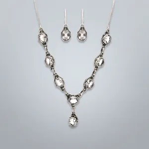 925 Sterling Silver Crystal Jewelry Set Necklace Earrings Clear Gemstone Pendant Oval Stones Bezel Setting Women's Party Wear - Product Image 5