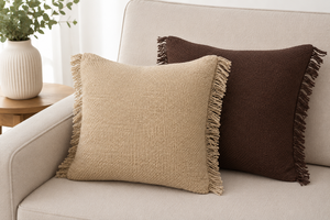 Housse de coussin en lin de qualité supérieure avec bordure à franges |   Coussin carré tissé texturé beige naturel pour canapé et décoration intérieure - Product Image 5