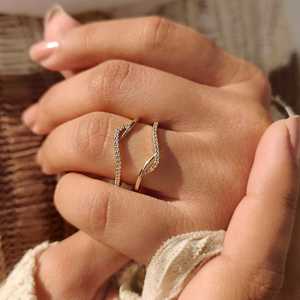 <b>Wrap</b> Guard Enhancer Pave Set Trendy Anniversary Wedding Band Split Shank Bypass Round Cut Moissanite Engagement Ring Gift Party - Product Image 4