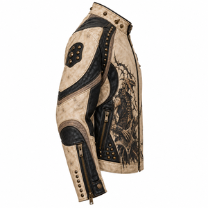 Real Cowhide Leather Motorcycle Jacket Mens Two Tone Beige Black <b>Studded</b> Punk Rock Dragon Skeleton Print Customized Rider Coats - Product Image 3