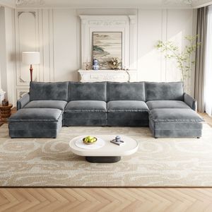 Divano a U in Tessuto Corduroy a 4 Posti, Set Comodo con Seduta Profonda, 2 Poggiapiedi Mobili, Divano Cloud Confortevole per Soggiorno - Product Image 2