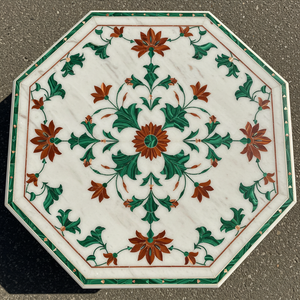 Plateau de table rectangulaire en marbre blanc avec incrustation Pietra Dura, œuvre d'art en pierres semi-précieuses, écologique, mobilier de maison traditionnel et moderne - Product Image 3