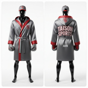 Robe de boxe unisexe en polyester satiné 220 GSM gris et rouge, à capuche, avec ceinture, anti-humidité, broderie personnalisée, logo appliqué - Product Image 1