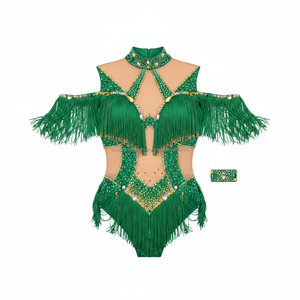 Traje de Majorette Personalizado para Mujer, Verde, con Pedrería, Flecos y Lentejuelas, Malla, para Actuaciones de Baile, OEM - Product Image 5