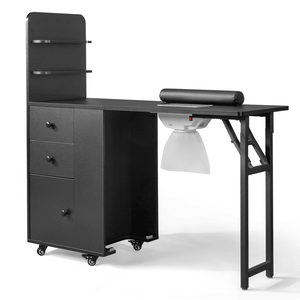 Black MDF Folding Nail Table with 2 Drawers & Cabinet Door Features Storage Shelf - Product Image 3