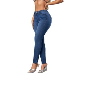 Jeans de mezclilla ajustados casuales para mujer, estilo sexy, con efecto desgastado, bordados personalizables, cintura alta, color liso, lavables - Product Image 4