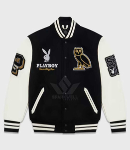 Custom <b>Men's</b> Black <b>White</b> Varsity <b>Jacket</b> Preppy Style 100% Polyester Heated Fleece V-neck Front Button Closure Autumn Outerwear - Product Image 2