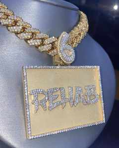 Luxury Iced Out Rehab Name Plate Pendant <b>VVS</b> Moissanite Gold Finish Cuban <b>Chain</b> Hip Hop Jewellery - Product Image 5