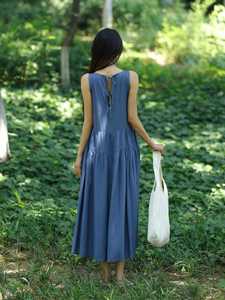 Women Sleeveless Cotton Midi Dress Loose Fit Tiered A Line Casual Summer Dress Blue Minimalist Style - Product Image 5