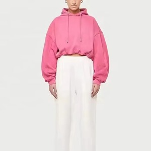 <b>Women</b> Oversized Cropped <b>Hoodie</b> <b>Pink</b> Puff Sleeve Solid Color Knitted Cotton Breathable Autumn Style - Product Image 1