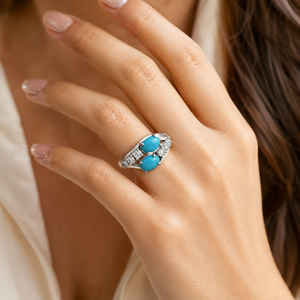 <b>Turquoise</b> 925 Sterling Silver Luxury Unisex <b>Ring</b> with Twin Oval Cabochons in Bezel Setting for Wedding/Party/Gift - Product Image 5