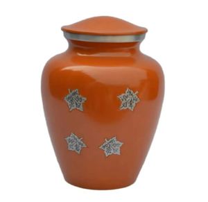 Brown Aluminum Cremation Urn Metal <b>Ashes</b> <b>Keepsake</b> with Silver Lid and Floral Decor Indian Home Crafts Durable 220 Cubic Inch - Product Image 1