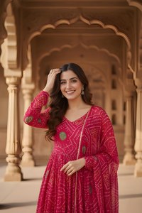 Conjunto de kurta de seda Delta con estampado Bandhani rosa y dupatta para mujer, completamente cosido con forro de crepé, disponible en todas las tallas, venta al por mayor. - Product Image 4