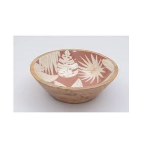 Tazón Redondo de Madera Ecológico para Ensaladas con Incrustaciones de Esmalte y Diseño de Hojas de Palma Tropical, Tazón Decorativo de Madera de Mango para Servir Frutas en la Cocina - Product Image 1