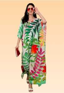 Robe Kaftan Courte pour Femme – Imprimé Paon Ethnique Jaune et Vert, Tunique Ample Festive - Product Image 3