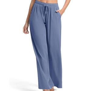 Women Solid Purple Wide Leg <b>Pants</b> High Waist Drawstring Loose Fit Casual Full Length Knitted Cotton Spandex Breathable Spring - Product Image 3