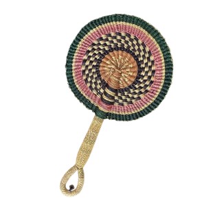 Handmade circular seagrass handheld <b>fan</b> in dark green <b>pink</b> and gold colors artisan woven cooling accessory for home interior and - Product Image 3
