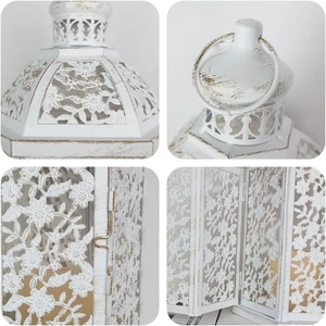 Juego de 2 Faroles Metálicos Blancos con Diseño Floral Calado para Decoración de Estanterías y Cenas Románticas en Balcones, de la India - Product Image 6