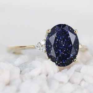 Bague en pierre de sable bleue, coupe ovale délicate, argent sterling 925, plaqué or 14 carats, bague de fiançailles, cadeau de mariage - Product Image 1