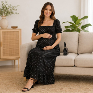 Robe longue de maternité à pois noirs, coupe trapèze, col en V, manches courtes, coupe ample, respirante, vêtements d'été pour femmes - Product Image 2